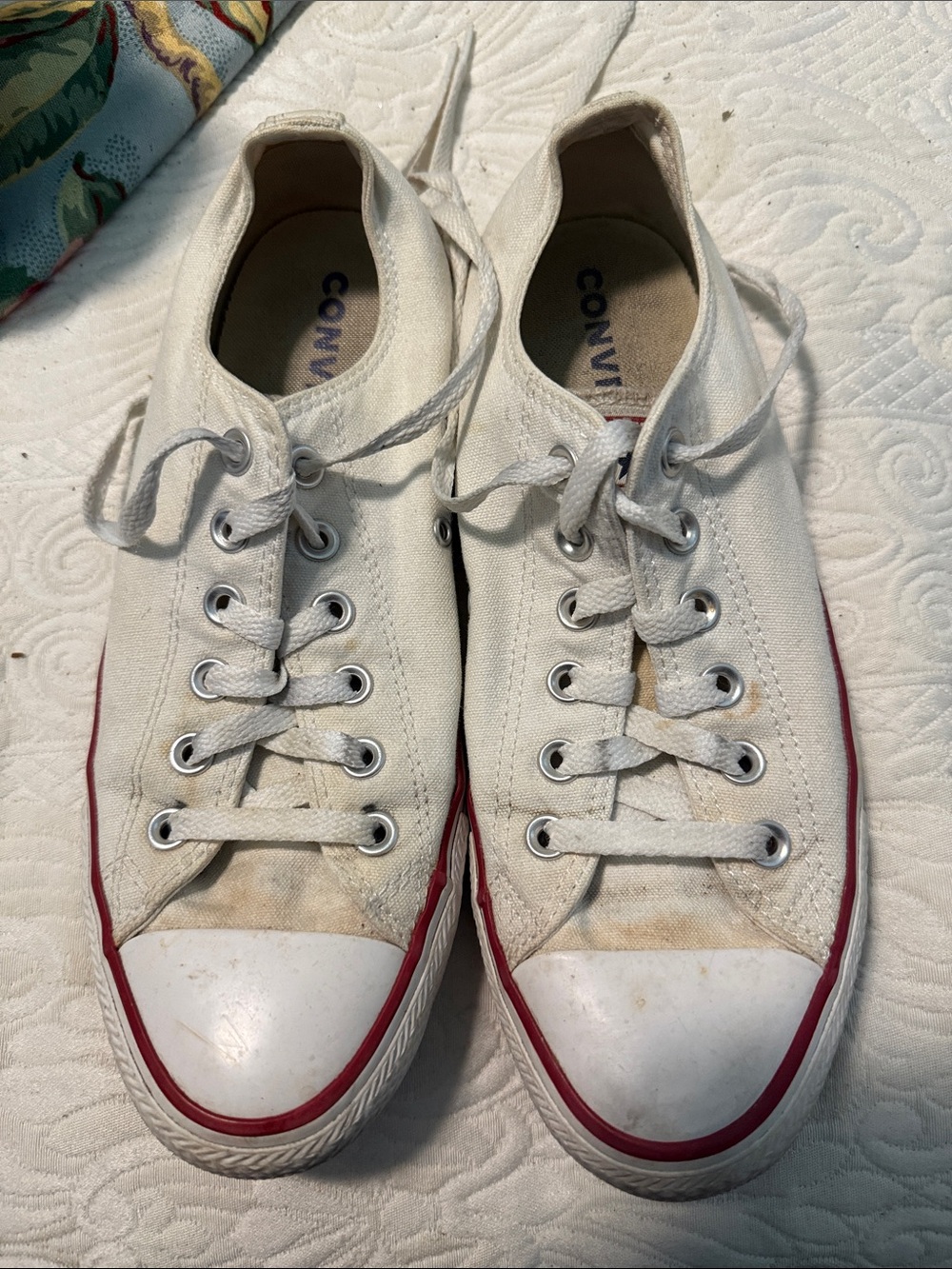 Converse White Canvas Low-Top Sneakers with Red Stripe